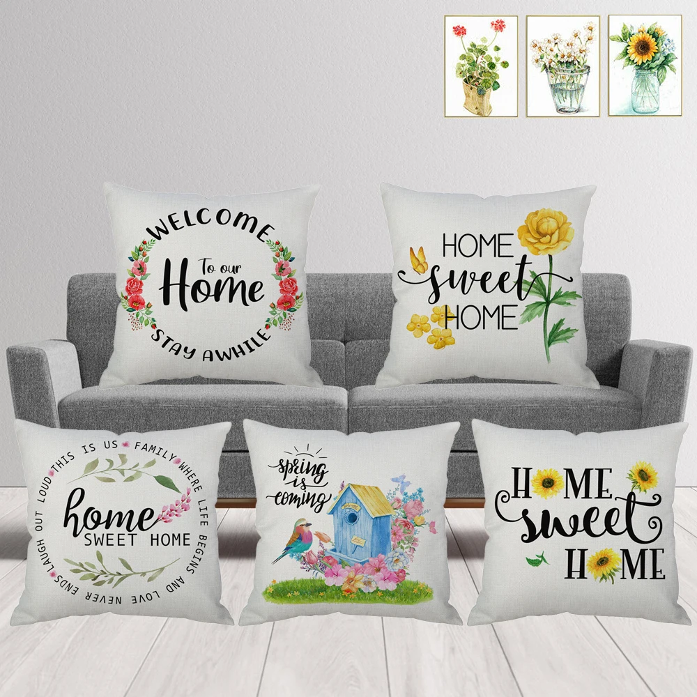 

Чехол с надписью Подушка с цветочным принтом, чехол для загородного дома в скандинавском стиле, украшение для дома, льняная наволочка 45x45 см