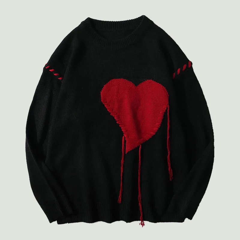 

Свитер мужской вязаный в стиле Харадзюку, пуловер в стиле хип-хоп с узором сердца и бахромой, винтажный Повседневный свободный в стиле колледжа с круглым вырезом для пар