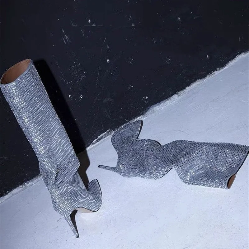 

Роскошные привлекательные женские сапоги с кристаллами, Парижская станция, модные женские сапоги с острым носком, сапоги на высоком каблуке, женские сапоги до колена, большой размер 42