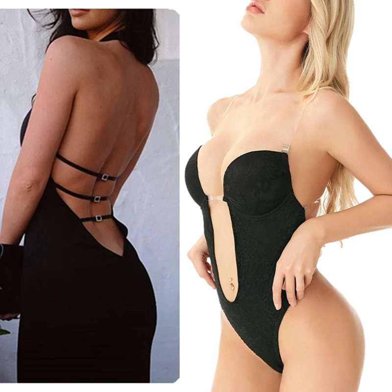 

3XL Big Shapewear Bodysuit Women Deep V-Neck Body Shaper Backless U Plunge Thong Shaper Waist Trainer Push Up Party Underwear