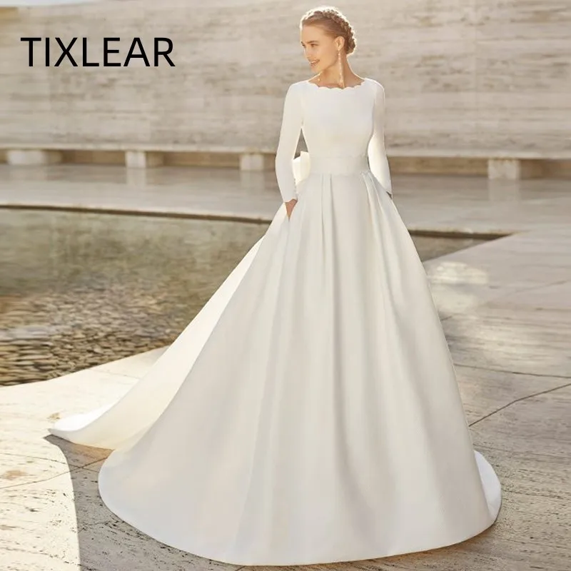 

TIXLEAR Ivory A-LINE Scoop Court Train Satin Classic Wedding Dress 2023 Bow vestido de noiva brautkleider robe de mariée