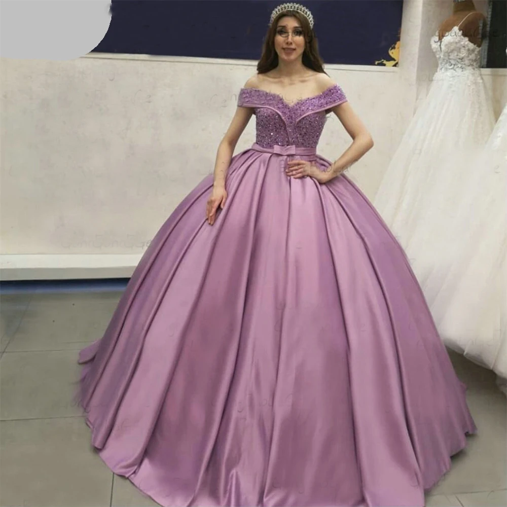 

Pink Beads Off Shoulder Quinceanera Evening Dresses Puffy Ball Gown Prom Gowns Lace UpSatin vestidos elegantes para mujer платье