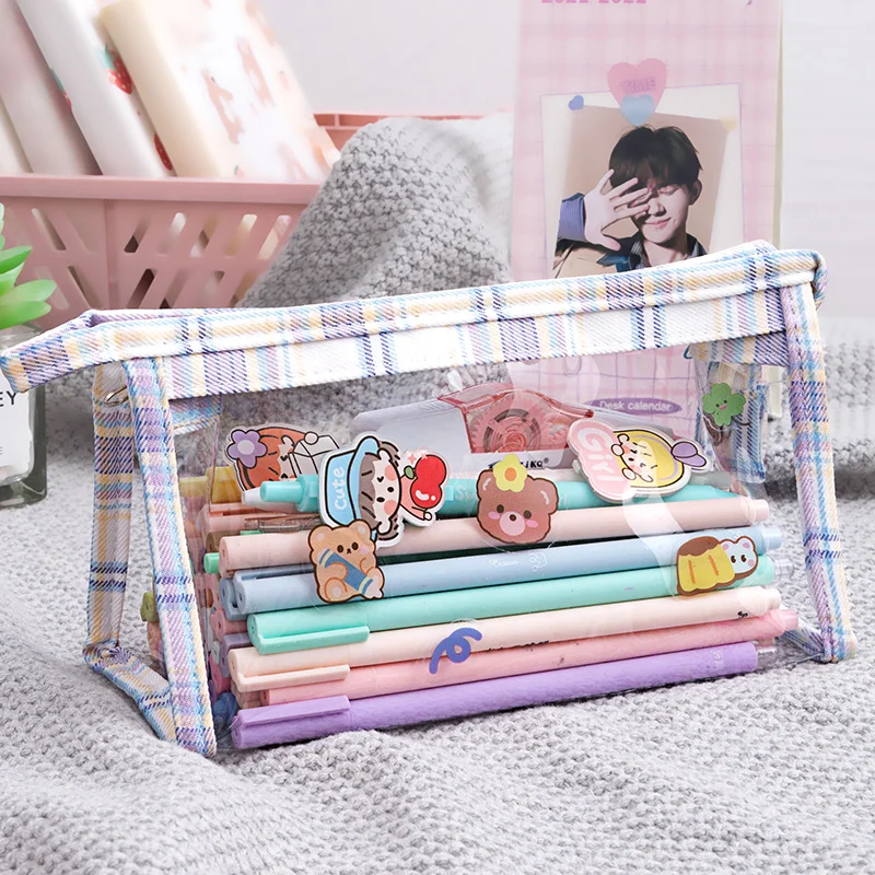 

Милый прозрачный пенал из ПВХ, мультяшный чехол для карандашей JK в клетку, школьные и офисные принадлежности, канцелярский Органайзер с нак...