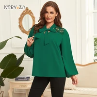 keby zj plus size blouse bow tie neck contrast lace solid top women 2022 spring fall lantern long sleeve ladies elegant blouses