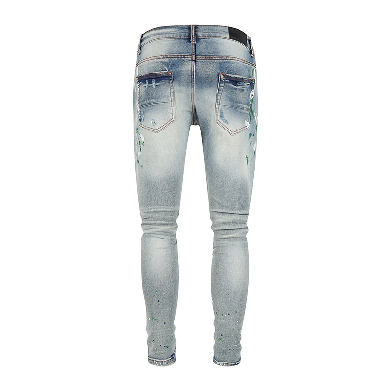 High Street Fashion Designer Men Jeans Retro Blue Stretch Skinny Ripped Jeans Men Button Fly Painted Patched Hip Hop Brand Pants