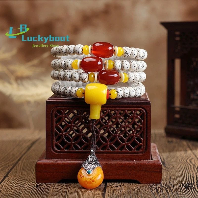 

Wholesale Natural Star and Moon Bodhi Bracelet 108 Beads Mala Necklace Ethnic Style Rosary Bracelet Beeswax Accessories