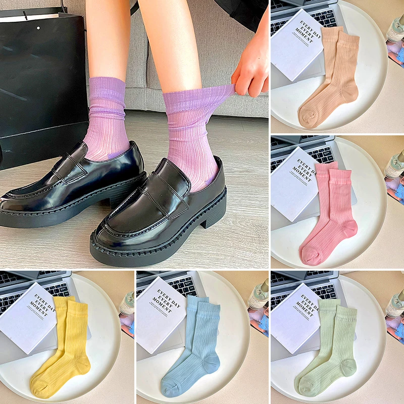 

Women Ultra-thin Crystal Silk Socks Glass Silk Socks Middle Tube Long Sock Solid Color Candy Color Transparent Loose Breathable