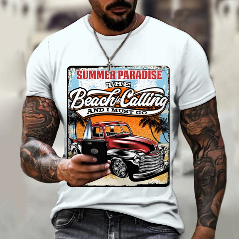 

New Men's 3D Printed T-shirt Retro Muscle Car Beach Street O Collar Oversized Luxury T-shirt Breathable, Fun And Fashionable