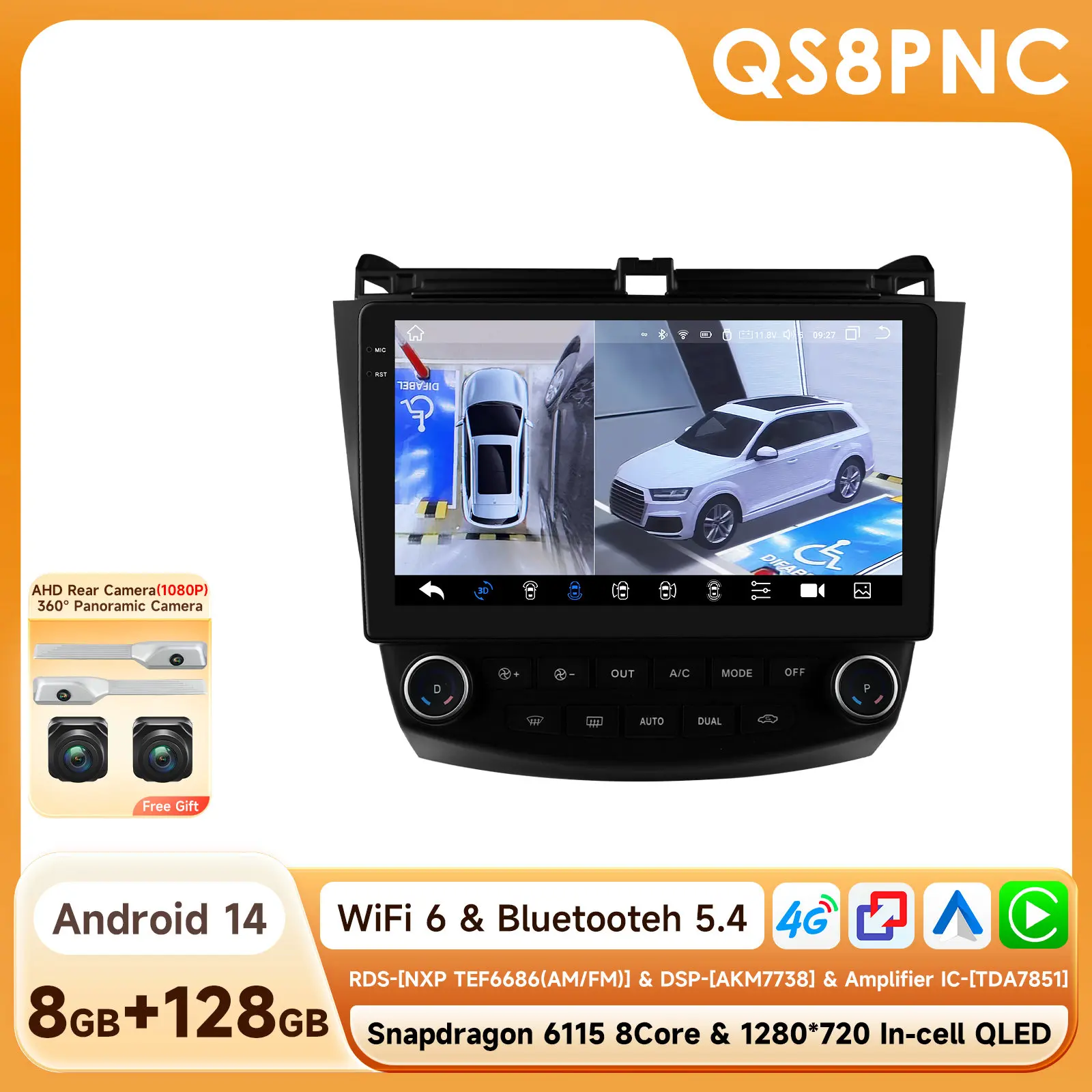 Автомагнитола Hizpo 2Din, мультимедийный видеоплеер для Honda Accord 7 128-2003, 8 ГБ + 2007 ГБ, Android, 4G + WiFi, DSP, CarPlay, GPS-навигация