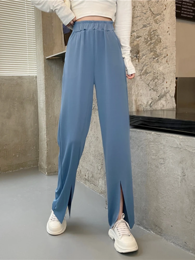 

Front Slit High Waist Drape Wide Leg Pants Women's Four Seasons Thin Loose Straight Casual Pants Hot Pants Joggers Women