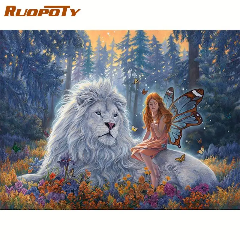 

RUOPOTY Diamond Painting Girl And Lion Cross Stitch Winter Full Drill Embroidery Animals Mosaic Painting Rhinestones Home Decora