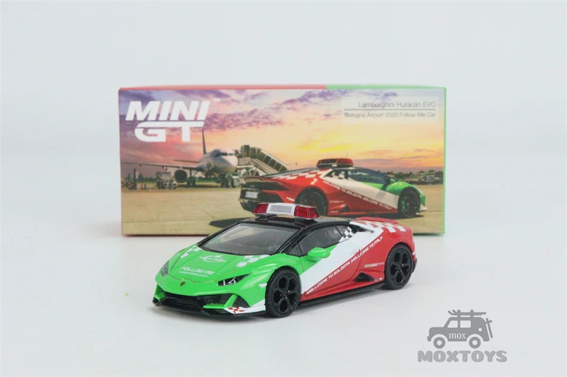 MINI GT 1:64 Huracan EVO Bologna Airport 2020 Follow-Me LHD Diecast Model Car | Railed/Motor/Cars/Bicycles
