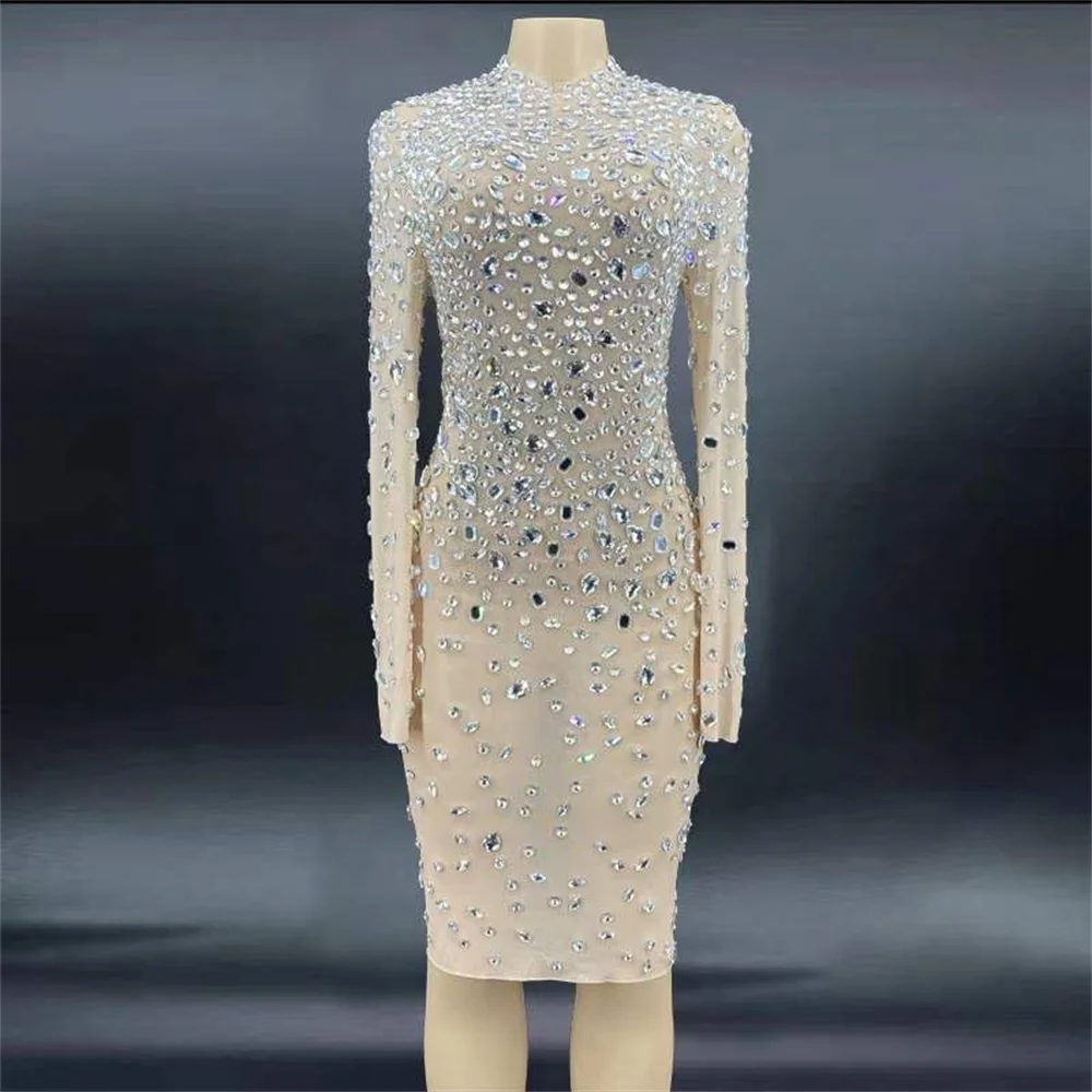 

Nude Shining Crystal Sparkly Rhinestones Sexy Women Long Sleeve Dress Prom Nightclub Party Clothing Stage Singer Costumes