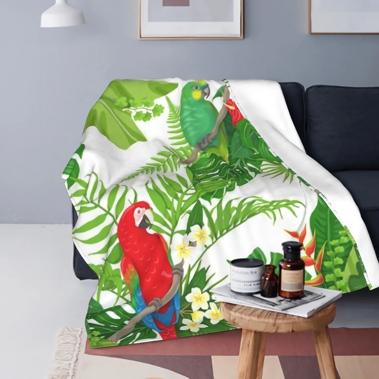 

Colorful Parrots And Toucan Sitting On Branches Blanket Couch Plush House Warming Decor Gift Idea