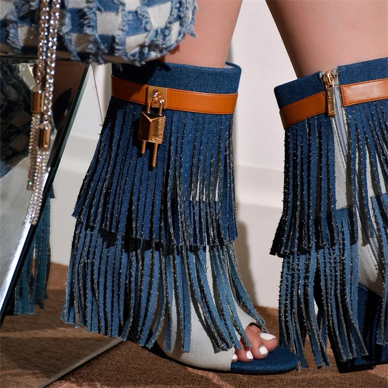 

Brand Design Retro Fringed Metal Buckle Western Boots Zipper Wedge Heel Platform Open-Toed High Heels Sexy Women's Boots 34&43