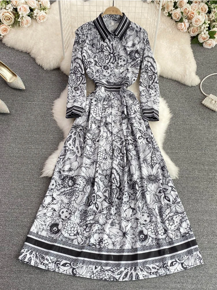 

Fitaylor Spring Autumn Women Lapel High Waist Slim Print Long Sleeve A-Line Dress Fashion Casual Elegant Single Breasted Dresses