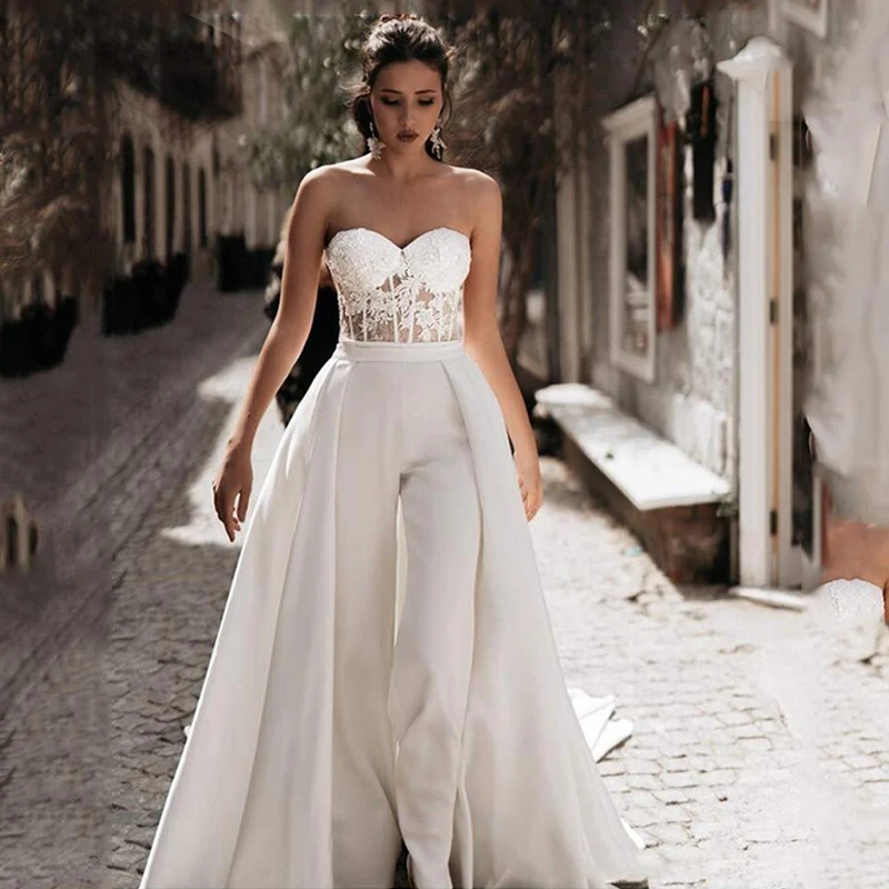 TIXLEAR Women Strapless Jumpsuit Pant Suit Wedding Dresses Detachable Train Beach Satin Appliques White Elegant Bridal Gown 2023