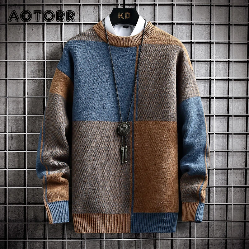 

Autumn Men's Sweater Patchwork O-neck Streetwear Male Casual Long Sleeve Knited Pullover Tops Half Turtleneck Slim Fit Sweaters
