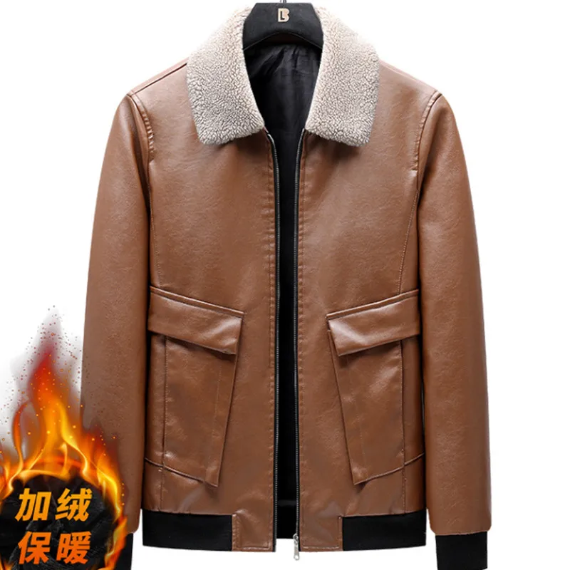 Men's Winter Fleece Thickened Leather Jacket Coat Long-sleeved Large Size M-8XL Warm Fur Collar New Casual Slim Multi-pocket