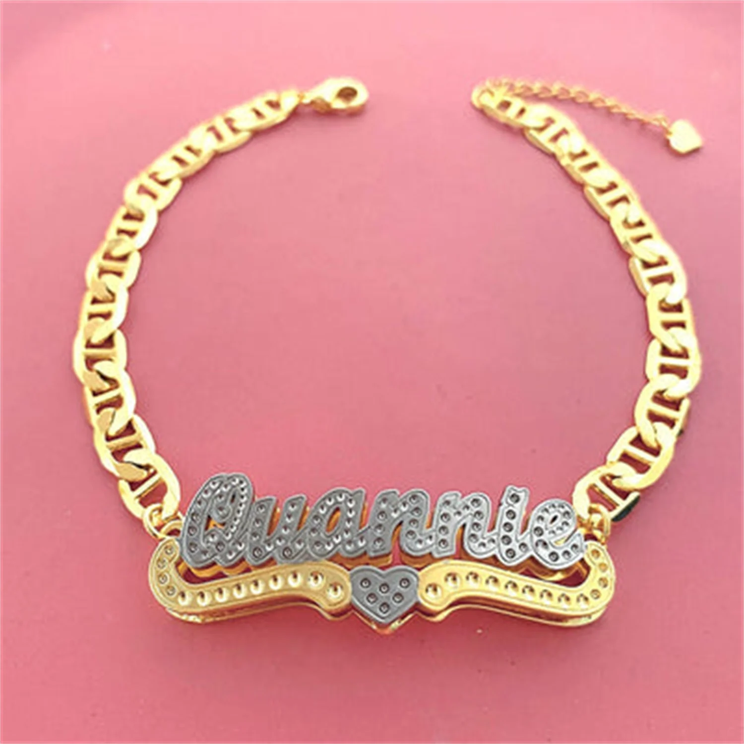 

Double Plate Name Bracelets With Heart Custom Two Tone Name Bracelet Stainless Steel 3D Nameplat Gold Chain Name Bangle ForWomen