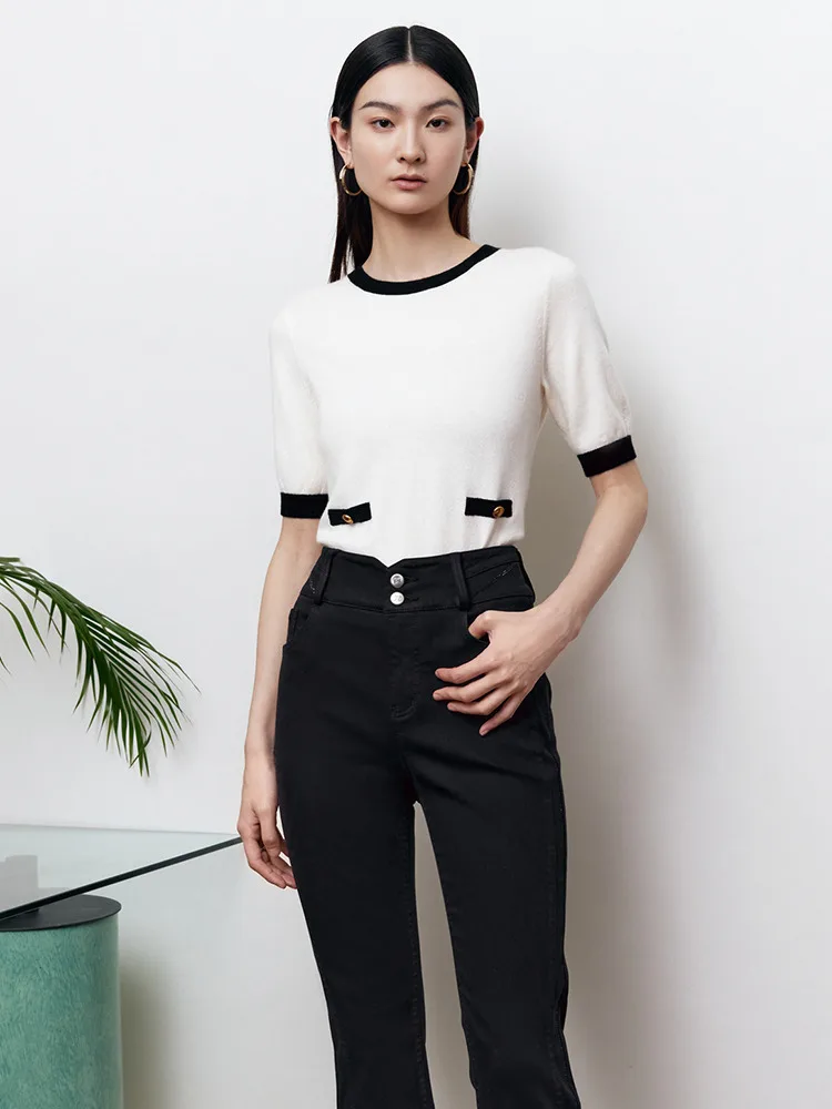Member [Angora] Daya + Angora Graceful Contrast Color Short sleeve knit Women 23 Autumn and Winter 950a