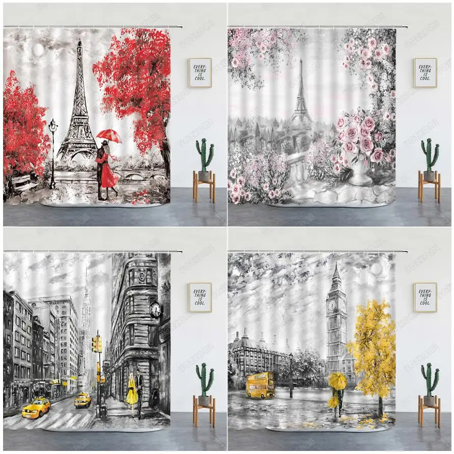

Башня Парижа, занавески для душа, цветы, деревья, Лондон, Биг-Бен, ретро городской пейзаж, картина маслом, искусство, настенный подвесной деко...