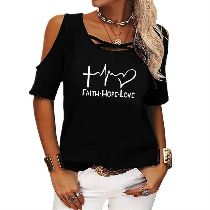 

T-Shirt For Women Off-The-Shoulder Loose Short Sleeves T-Shirt Faith Hope Love Letters Harajuku Women Tshirt 2022 Summer Top