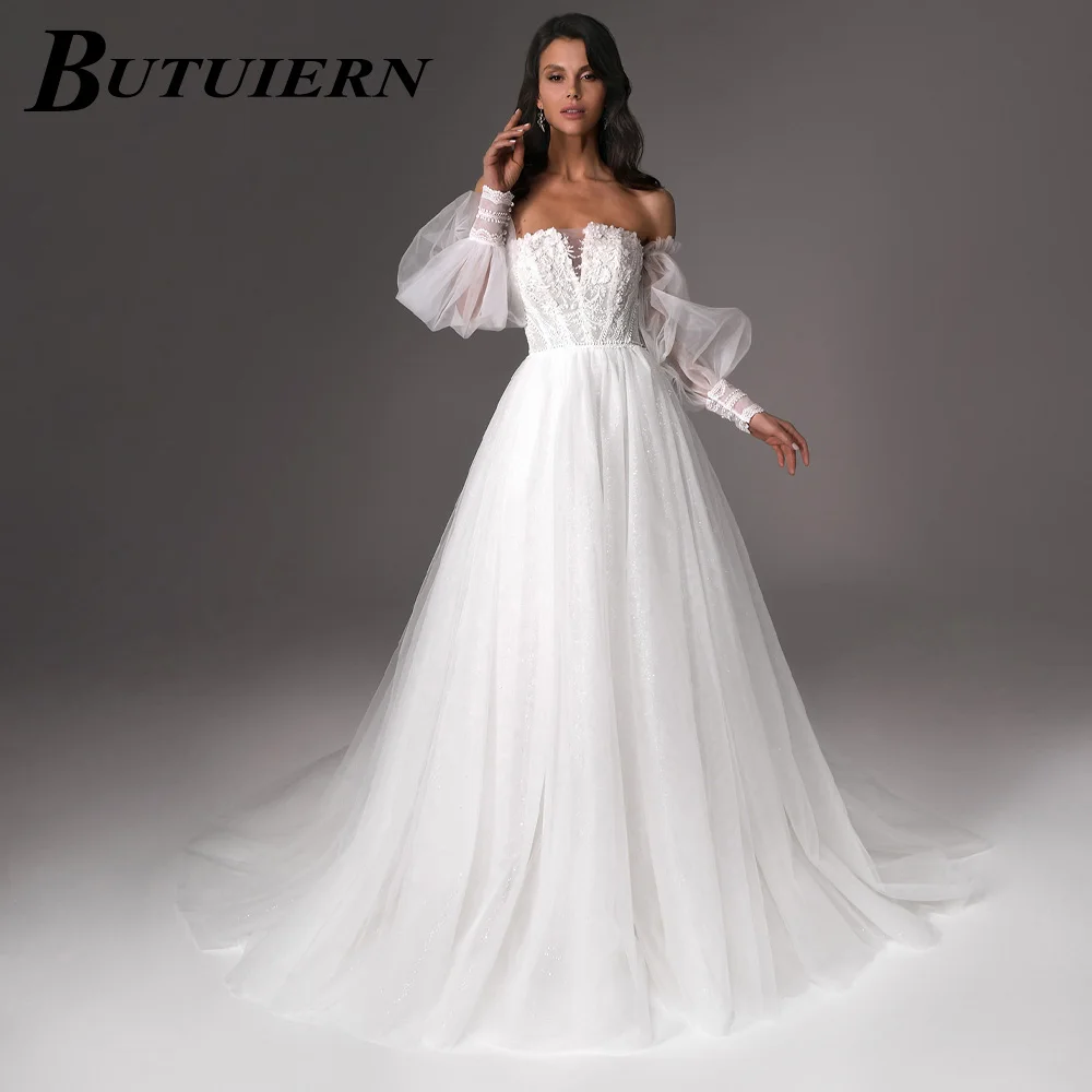 

COZOK Appliques Wedding Dress Strapless Lace Aline Bridal Gown Backless Detachable Puffy Sleeves With Court Train Customised