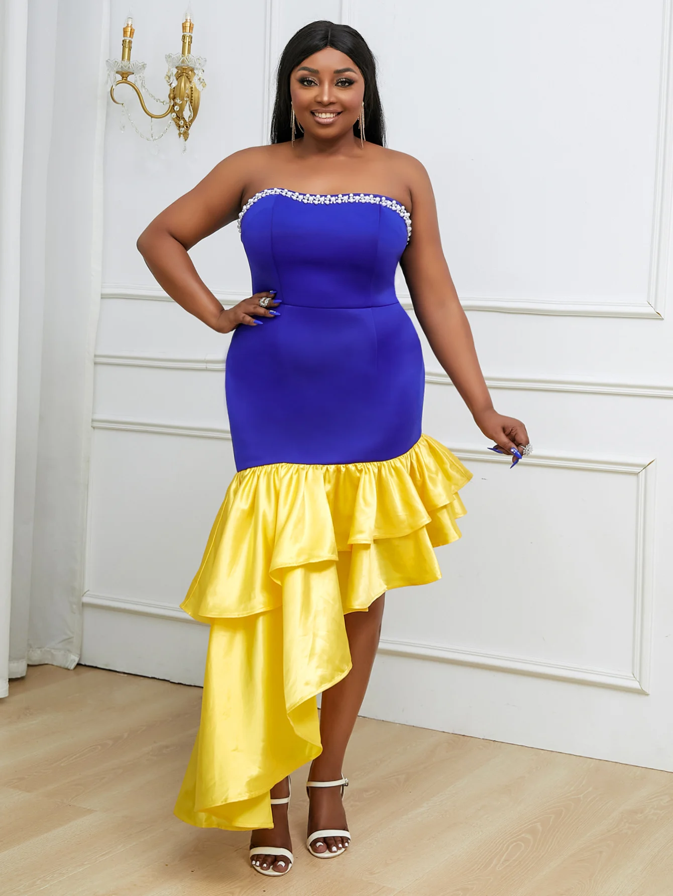 

Women Yellow Blue Patchwork Luxury Beading Tube Top Midi Dress Contrast Asymmetrical Mermaid Party Evening Birthday Event Gowns