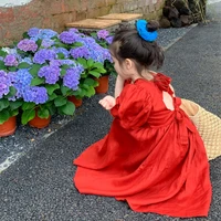summer girls backless puff sleeve korean red party dress holiday clothing little princess cotton casual long style dresses kids