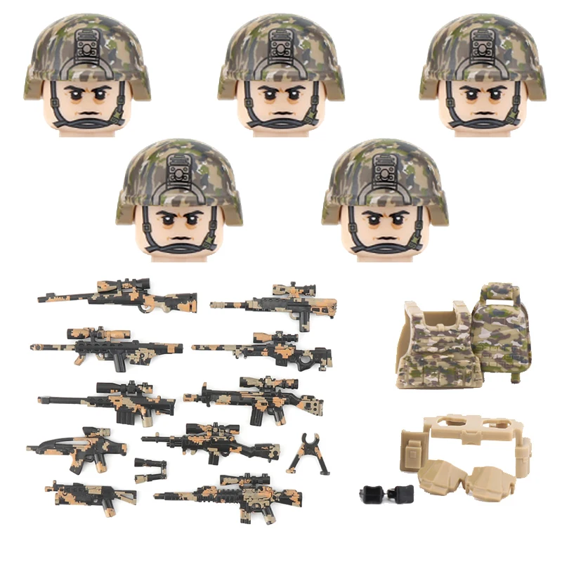 

Modern Army US 101 All Terrain Soldiers Figures Building Blocks Military Special Forces Camouflage Helmet Weapon Part Bricks Toy