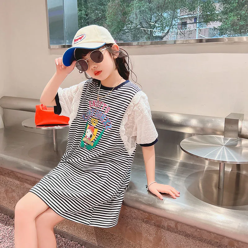 

Платье для девочек, новинка 2022, летняя юбка в полоску, свободное платье-футболка для больших девочек, детская одежда с коротким рукавом для п...