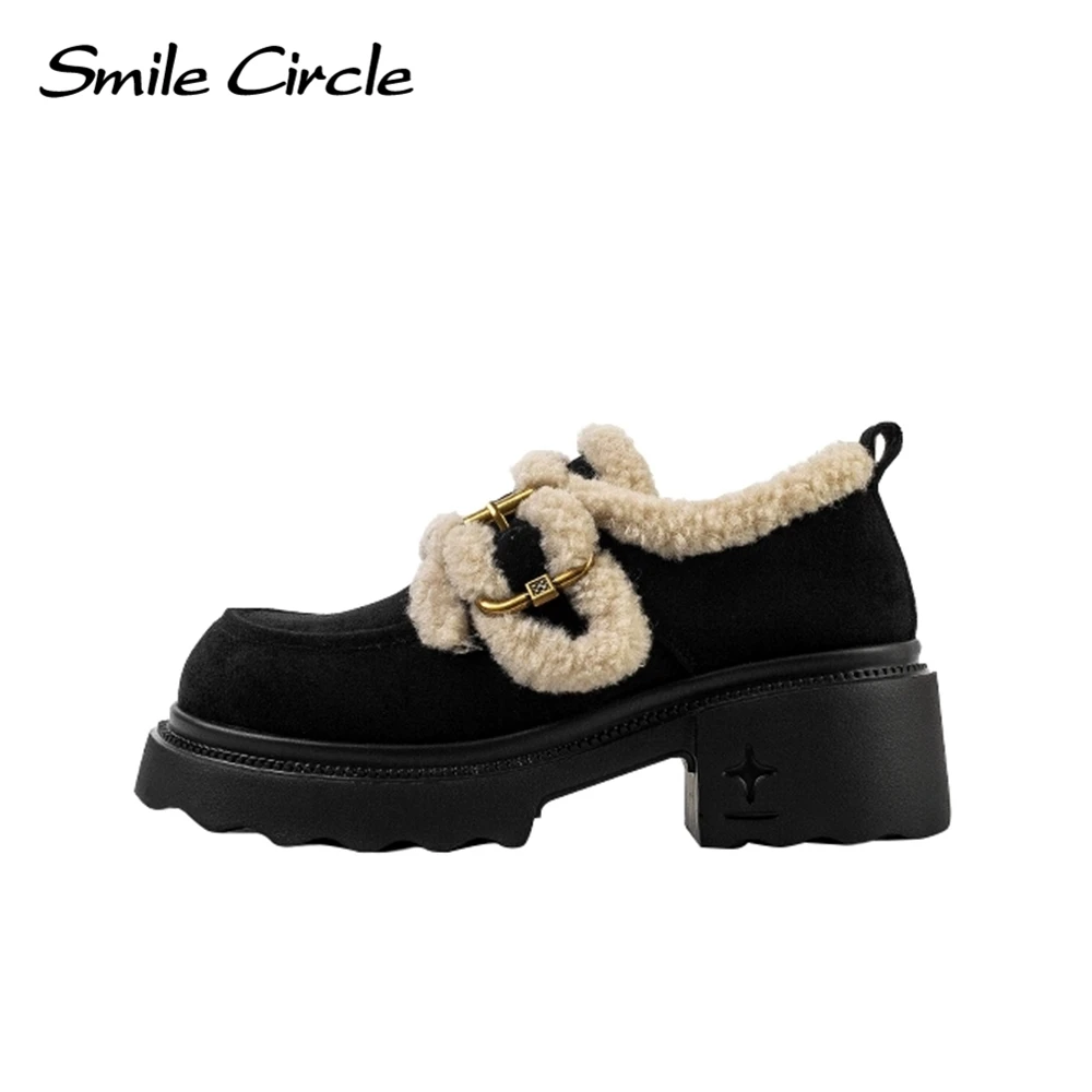 Фото Женская повседневная обувь Smile Circle, зимние замшевые кожаные туфли на каблуке, модные теплые туфли на массивном меху №2