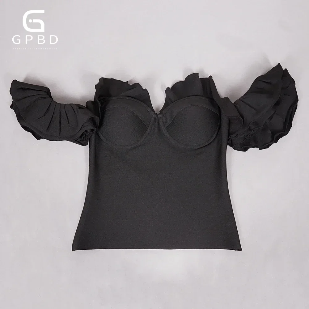 Сексуальный женский топ с открытыми плечами и рюшами на эластичной повязке