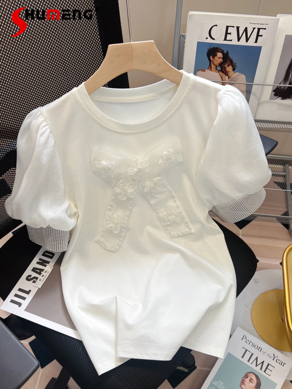 

Solid Color T Shirt 2022 Summer New Sweet Tridimensional Flower Beaded Bowknot Round Neck Short Puff Sleeve T-shirt Women's Top