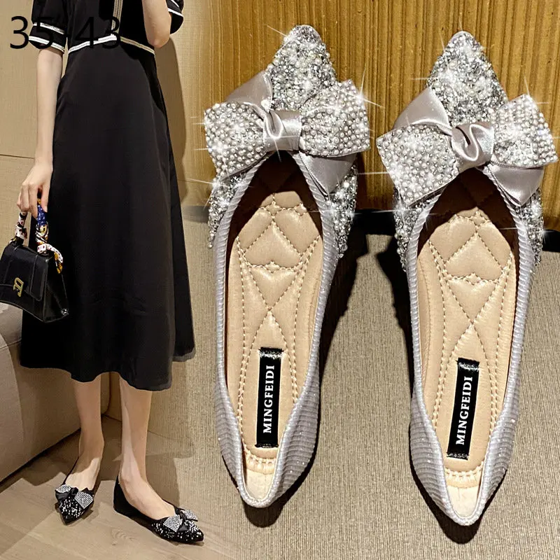 Flat Heel Single Shoe Woman New Pointed Toe Shallow Rhinestone Bow Soft Sole Large Size Scoop Shoes Woman 41-43