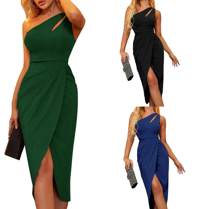 

2023 New Women Cocktail Midi Bodycon Dress Sexy One Shoulder Cutout Sleeveless Asymmetrical Ruched Wrap Split Pencil Dresses