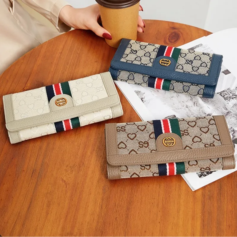 Новинка 2024 женский длинный Роскошный кошелек из натуральной коровьей и холщовой