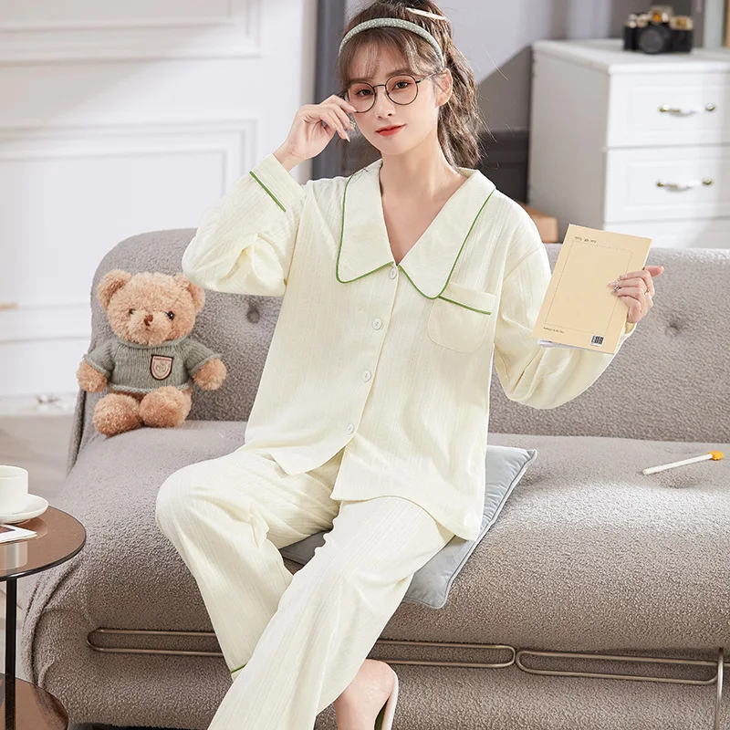 

Women Autumn New Solid Cotton Leisure Pajamas Set Lady Daily Soft Comfortable Nightclothes Loose Casual Homewear Two Piece Suit