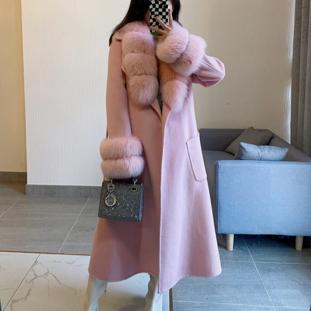 2022 Real Fur Coat Winter Jacket Women Natural Fox Fur Collar Cashmere Wool Blends Long Outerwear Ladies Streetwear enlarge