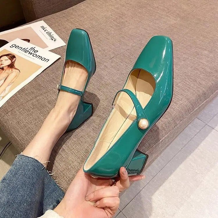 

Summer Shoes Ladies Patent Leather Ballet Flats Female Footwear Pearl Decorateion Square Toe Shallow Mouth 2022 Retro Dress New