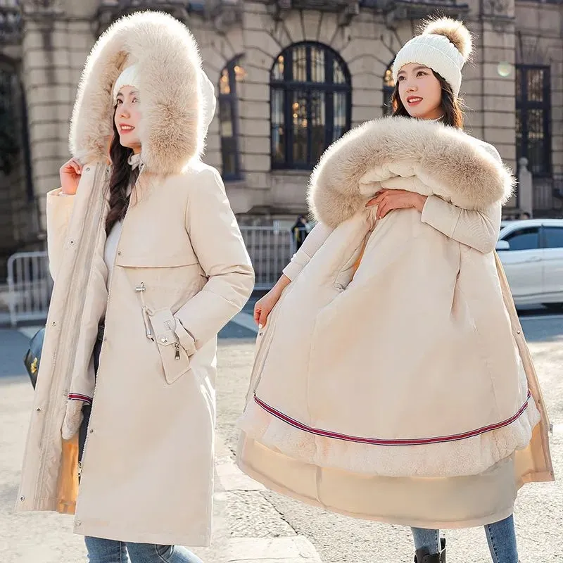 Winter Women's Parka Big Fur Collar Detachable Double Thick Lining Slim Waist 2022 New Jacket Mid long Casual Cotton Padded Coat