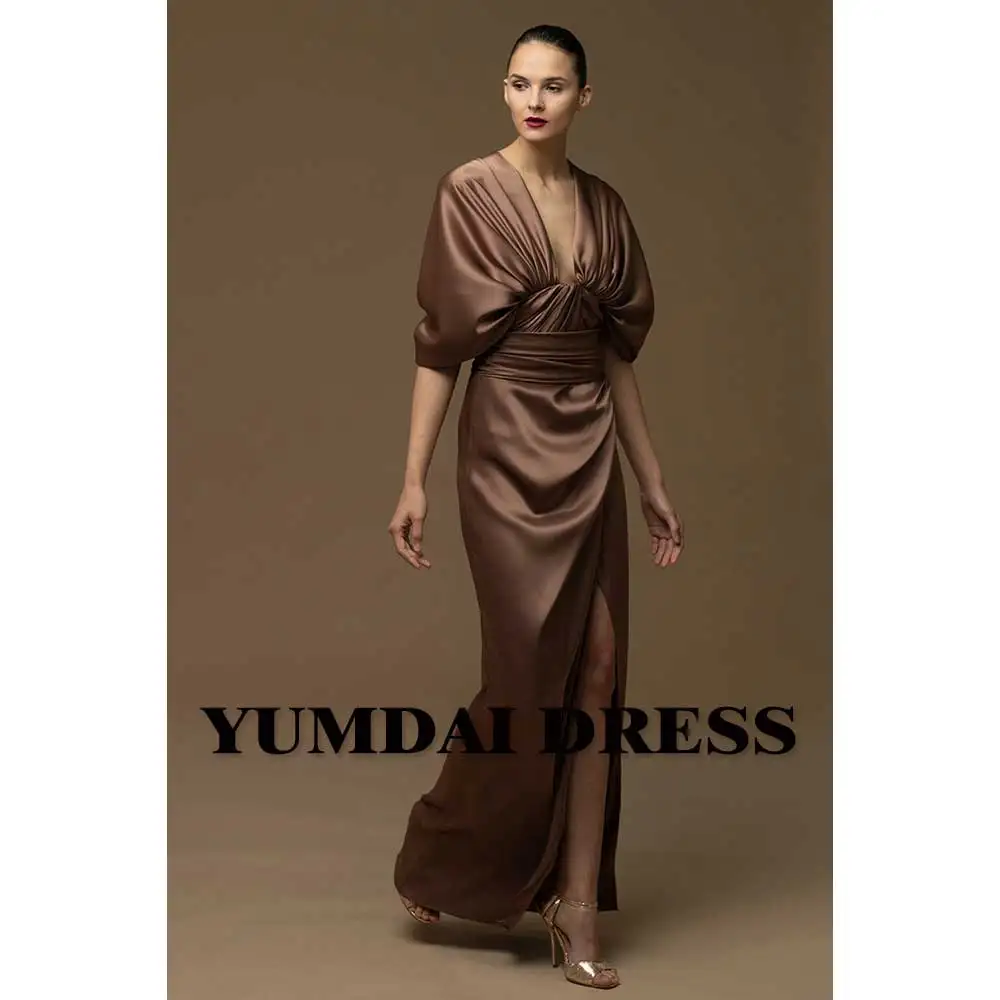 

Роскошное коричневое атласное вечернее платье YUMDAI с V-образным вырезом, модное официальное платье с высоким разрезом в Дубае, модель 2023 года