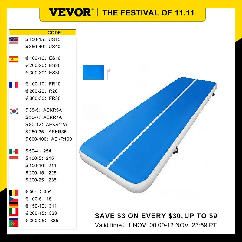 

VEVOR 13ft Inflatable Air Gymnastic Mat 8 inches Thickness Air Tumble Track with Air Pump for Cheerleading / Yoga / Water