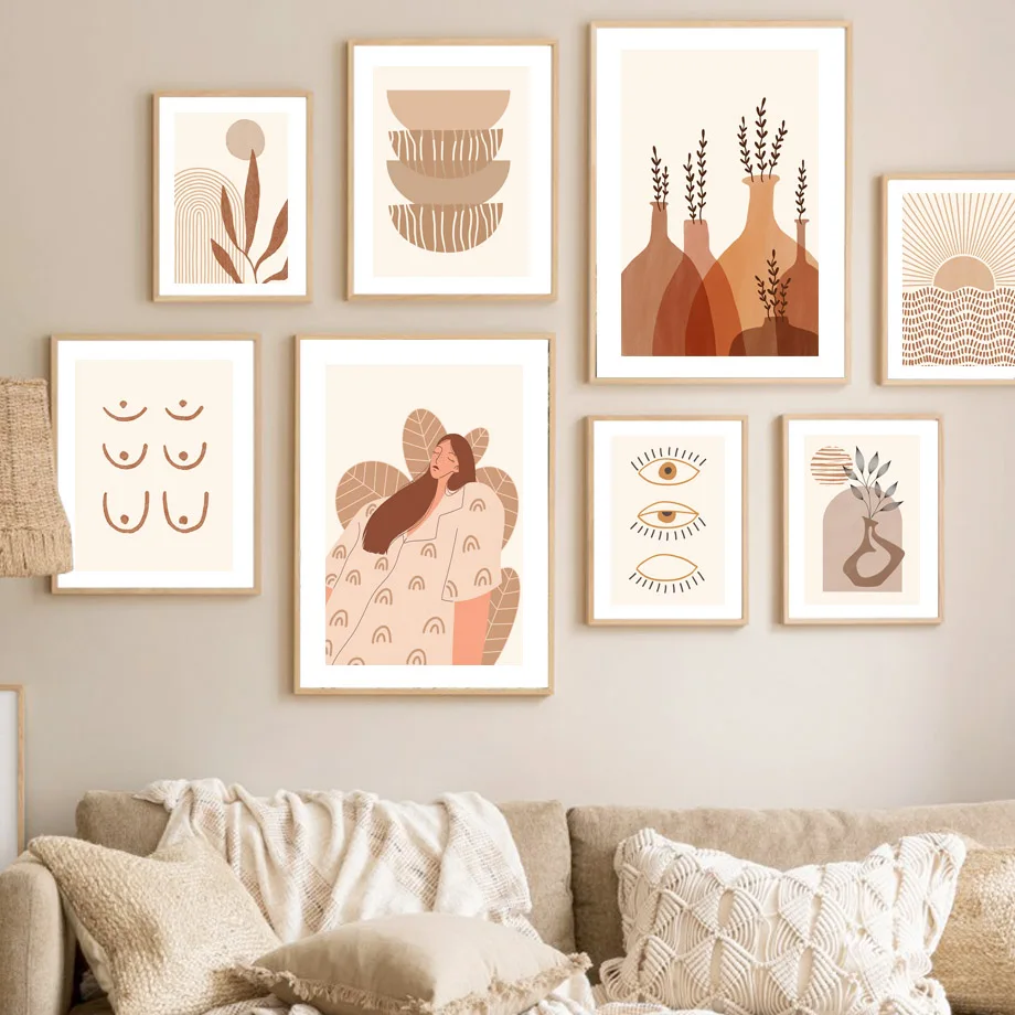 

Nordic Poster Line Geometry Sun Abstract Bamboo Leaf Vase Girl Wall Art Prints Canvas Painting Decor Pictures For Living Room