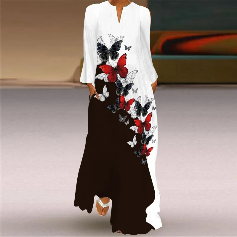 Spring And Autumn Women's Fashion Peacock Feathers Print Long Sleeved Dress Elegant Woman Small V-neck Pocket Casual