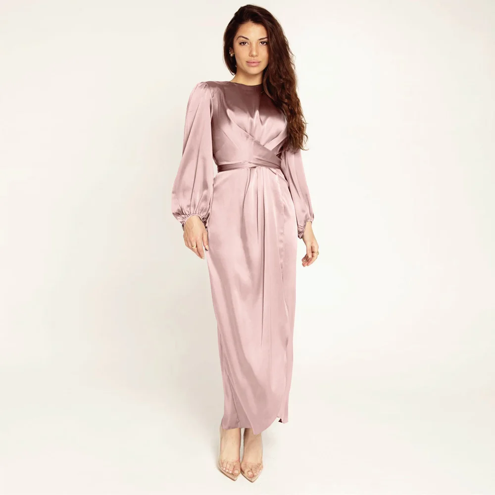 Arab Temperament Dress Muslim Fresh and Sweet Satin Long Skirt Muslim Dress Women 2021 New Long Skirt