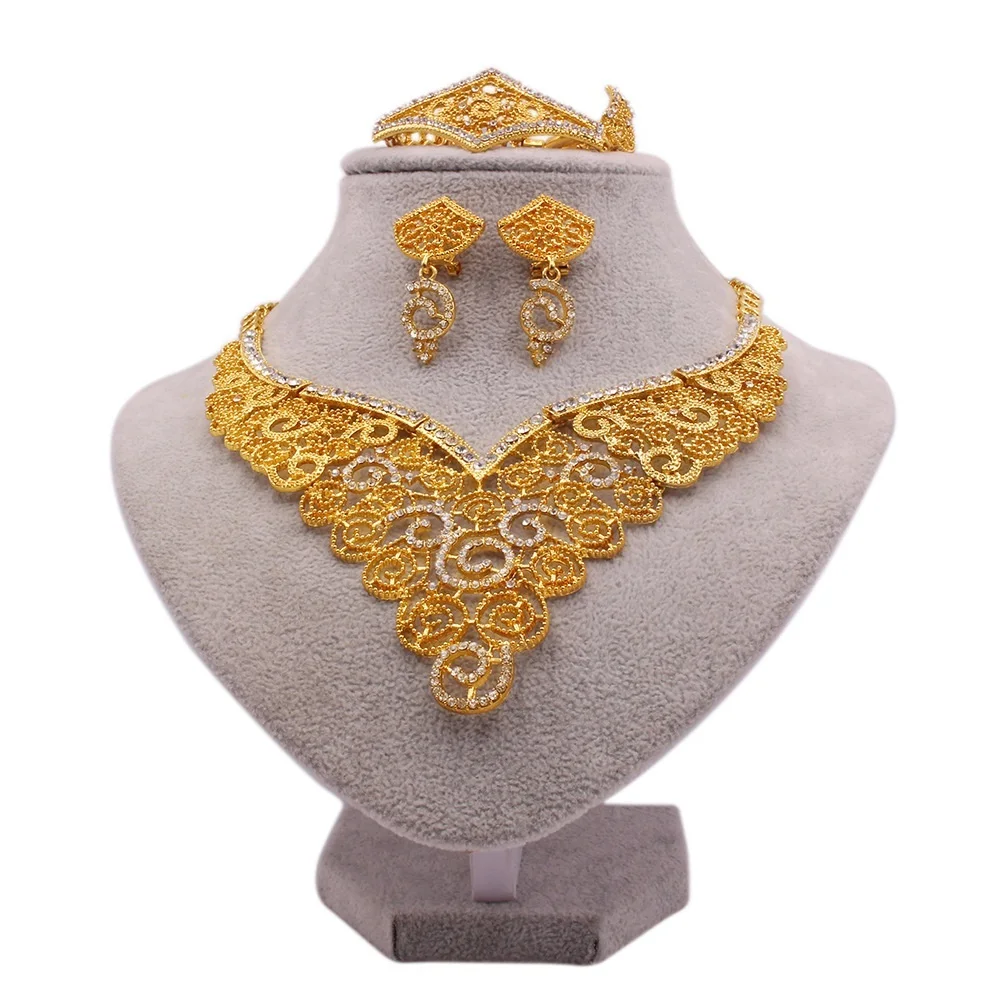 

New RoseL Arabian Bridal wedding jewelry set Women wear necklace earrings ring bracelet set of four pieces 24K Gold Dubai Saudi