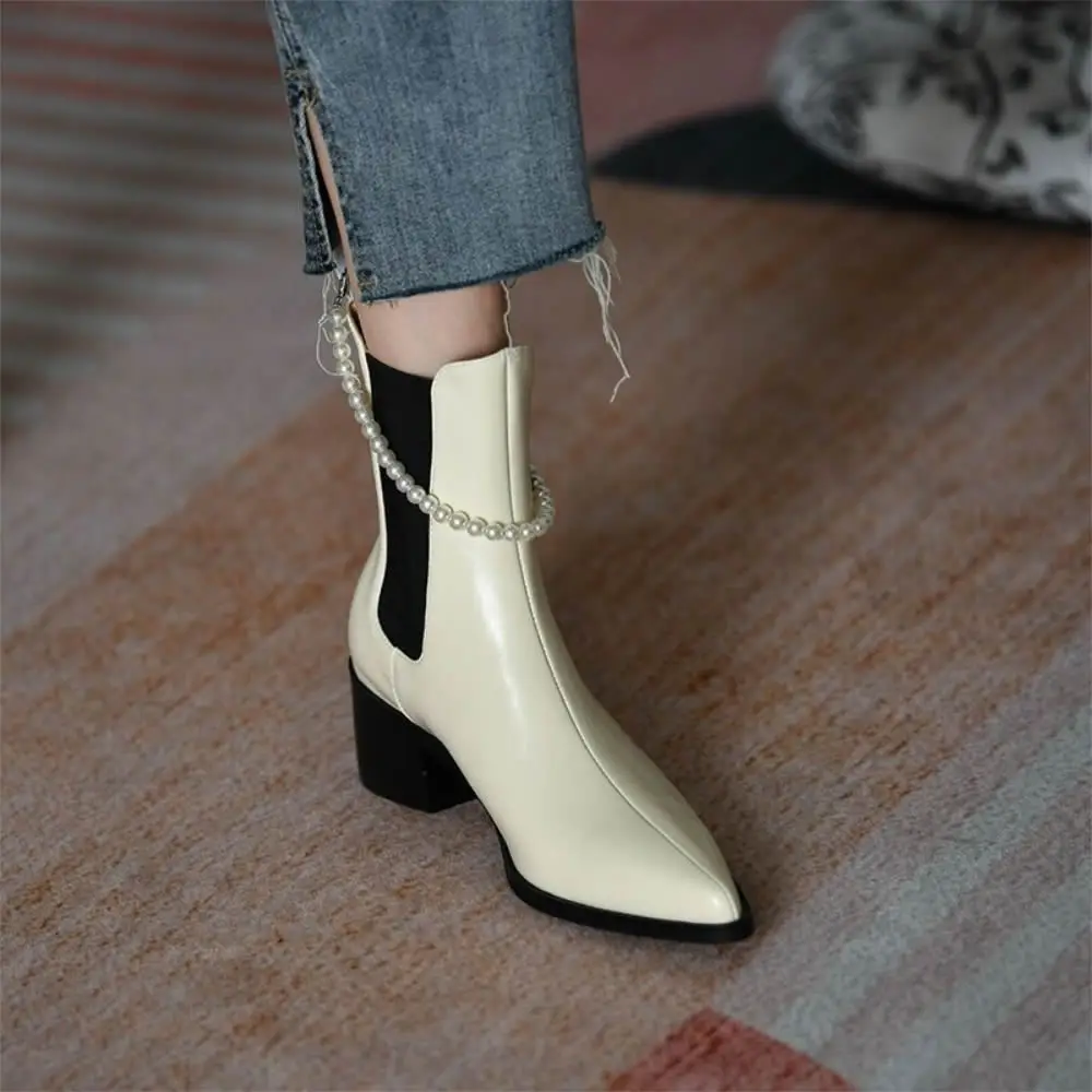 Ankle boots female shoes women single boots spring and autumn pointed middle thick heel pearl winter Chelsea boots