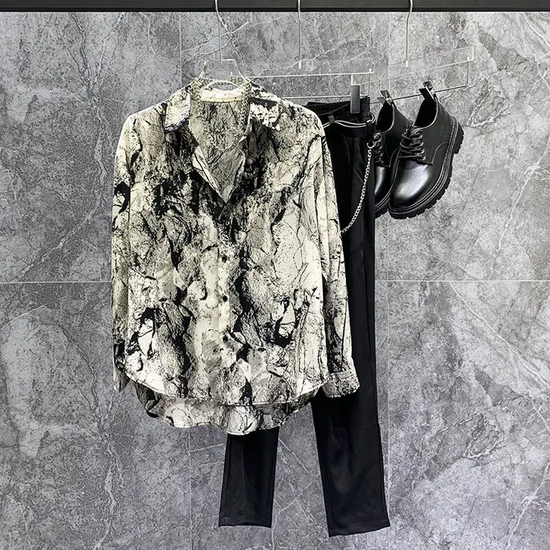 

Мужская брендовая рубашка, весна-осень 2022, новая рубашка с длинным рукавом с принтом, корейская мода, свободная Мужская Повседневная Блузка ...